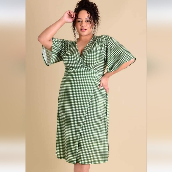 Lady v london green gingham flutter sleeve wrap dress plus size office casual - Picture 1 of 4